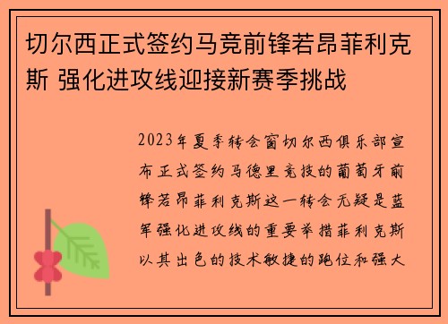 切尔西正式签约马竞前锋若昂菲利克斯 强化进攻线迎接新赛季挑战